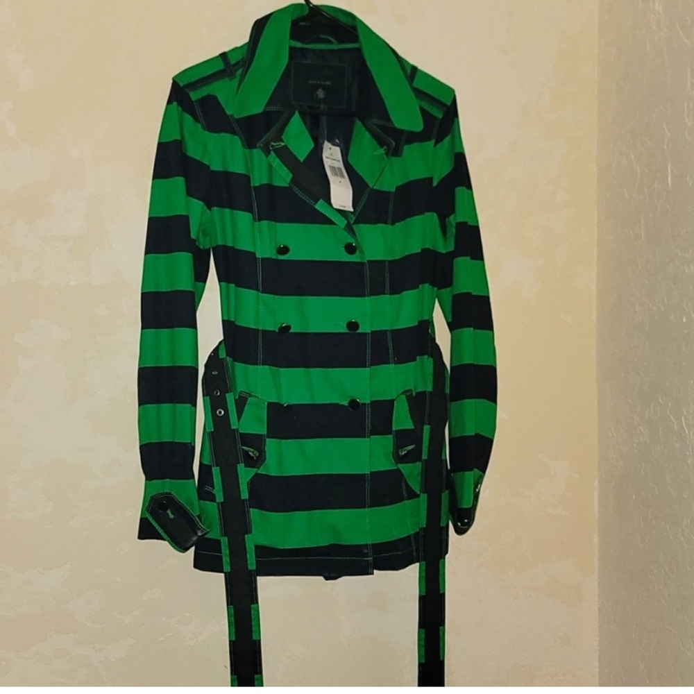 Tommy Hilfiger Green and Black Striped Trench Coat